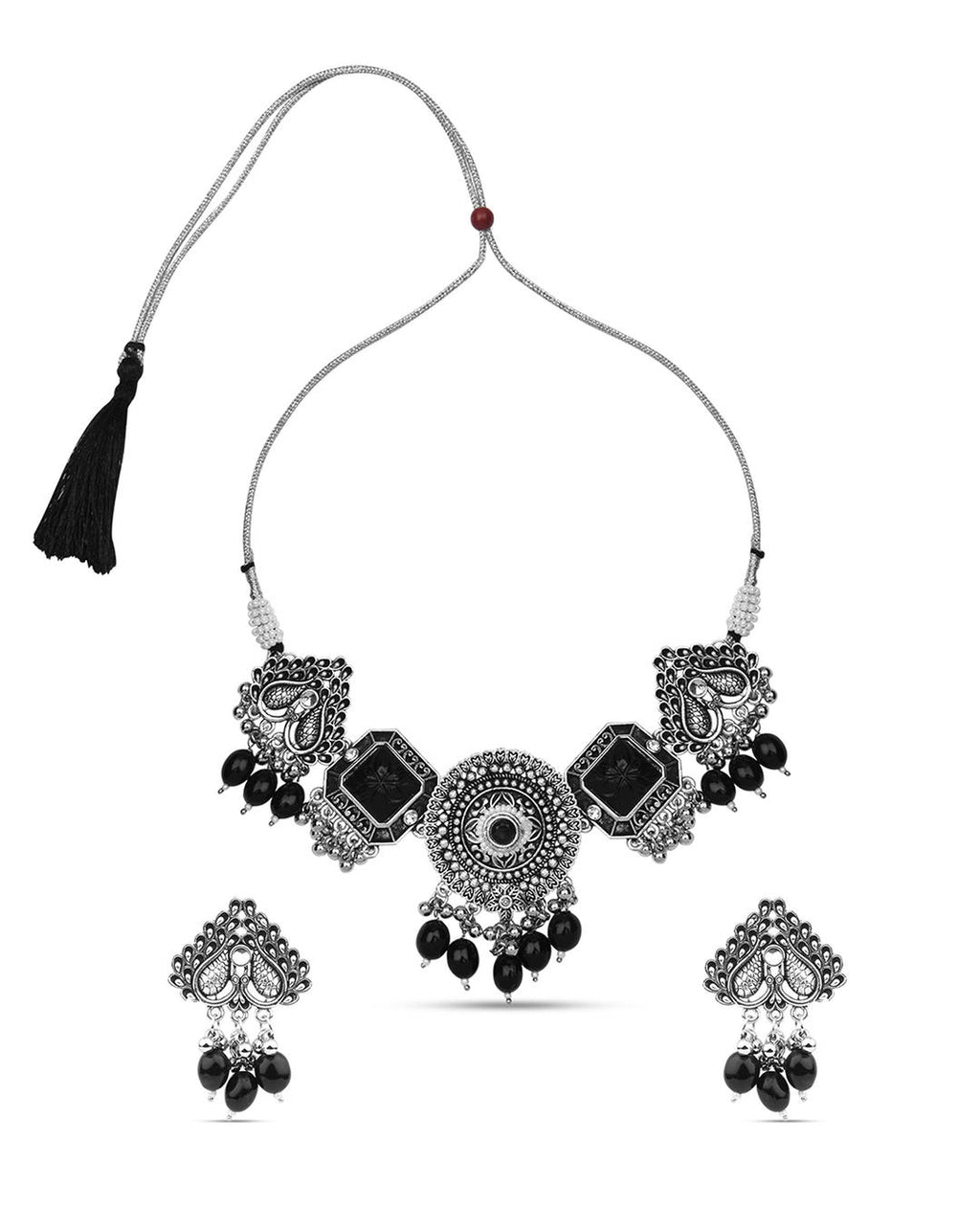a silver-plated oxidised black beaded peacock jewellery set which includes a necklace and a pair of earrings.