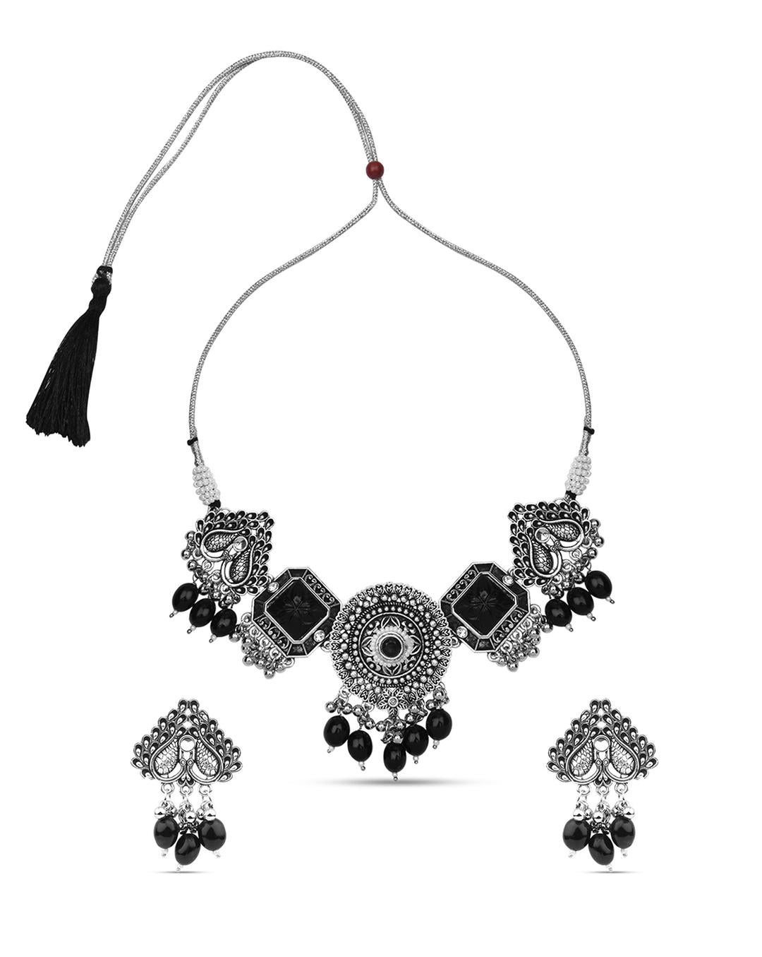 a silver-plated oxidised black beaded peacock jewellery set which includes a necklace and a pair of earrings.