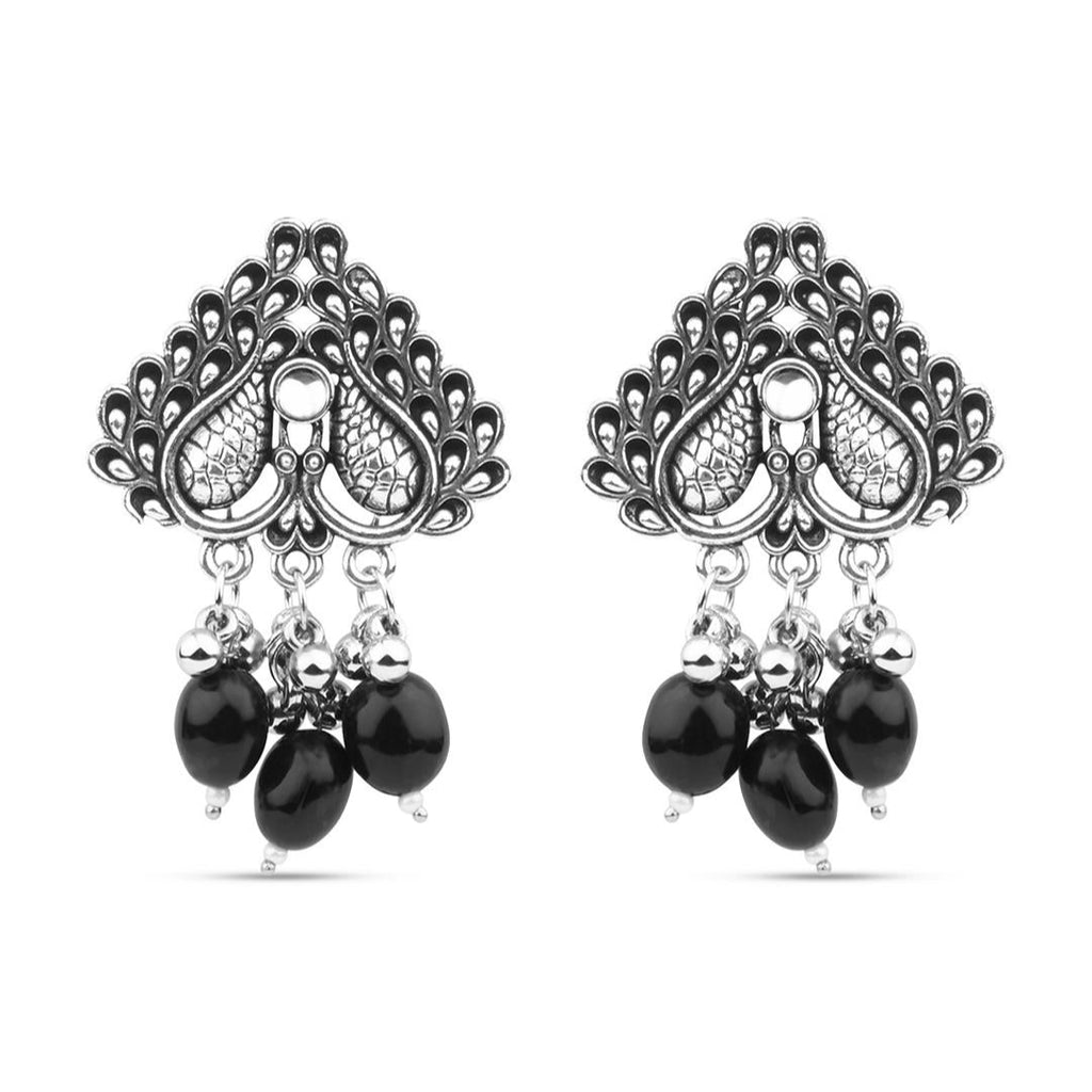 a silver-plated oxidised black beaded peacock pair of earrings.
