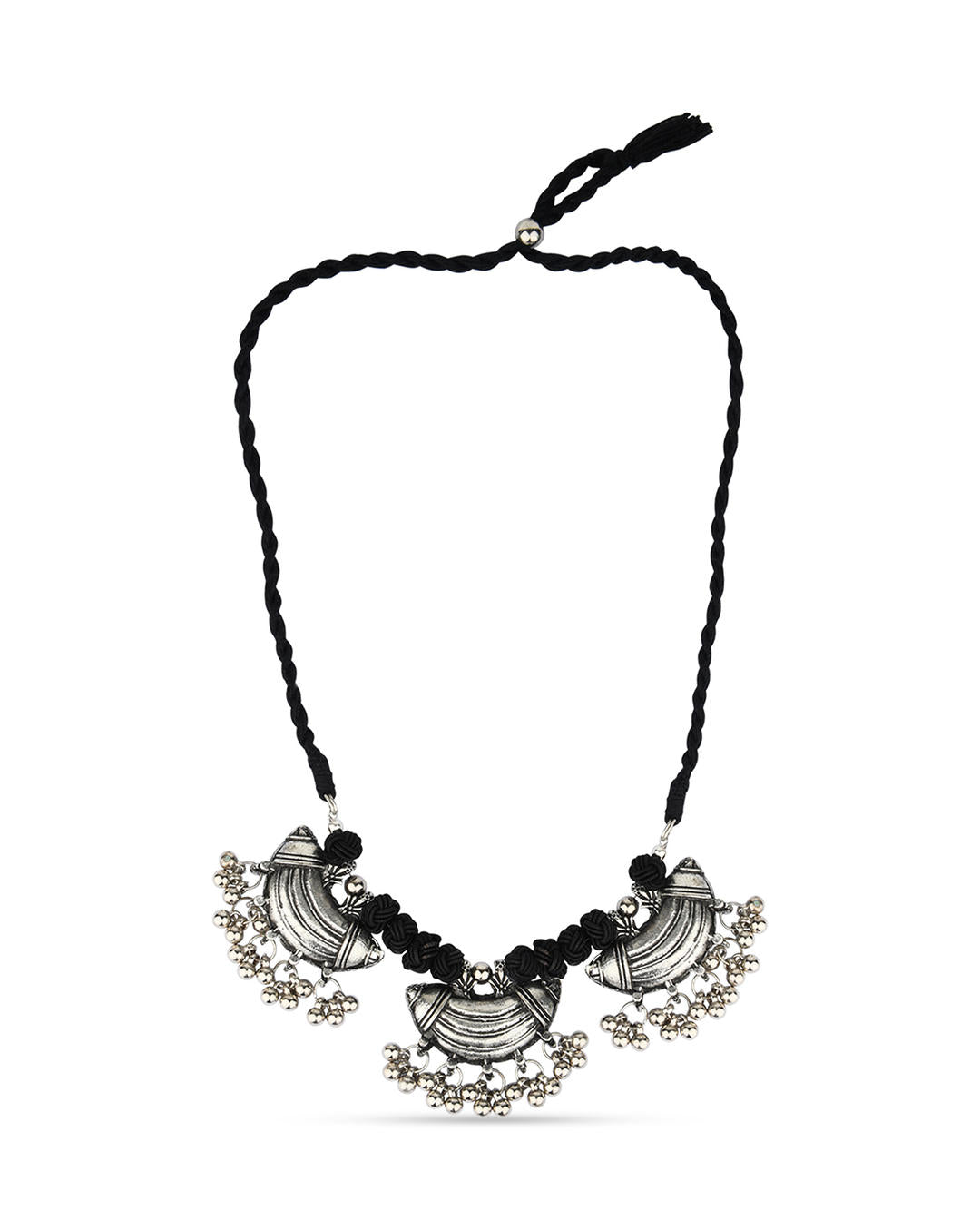a choker necklace with oxidized silver detailing and black thread on white background