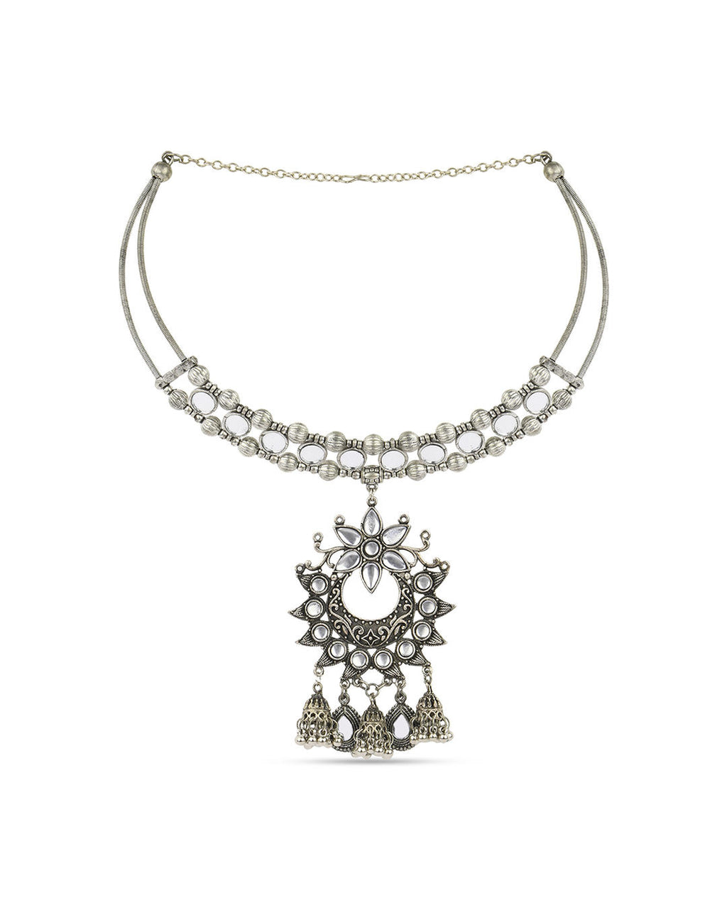 Kundan sparkle choker necklace with intricate mirror work and a large pendant adorned with Kundan stones, along with ghungroo drops.