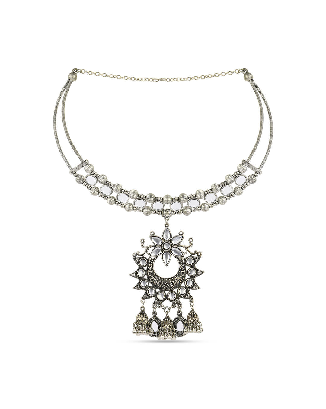 Kundan sparkle choker necklace with intricate mirror work and a large pendant adorned with Kundan stones, along with ghungroo drops.
