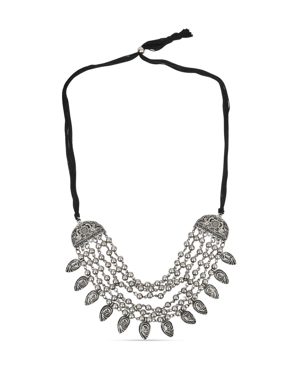 a multi-strand choker necklace with oxidized silver beads and embossed peacock charms on white background