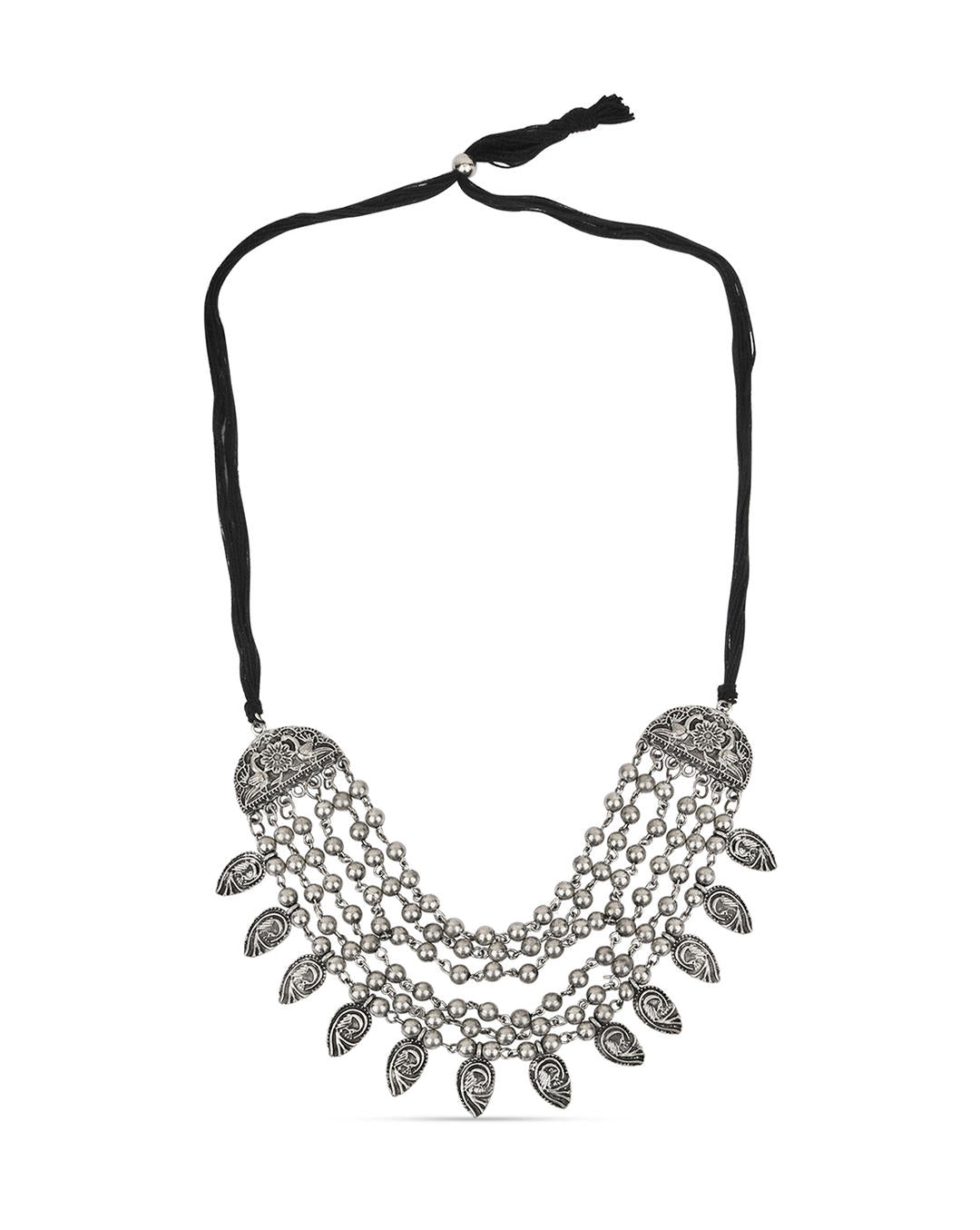 a multi-strand choker necklace with oxidized silver beads and embossed peacock charms on white background