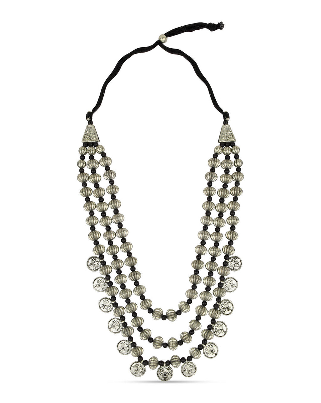 multilayered silver coin necklace on white background