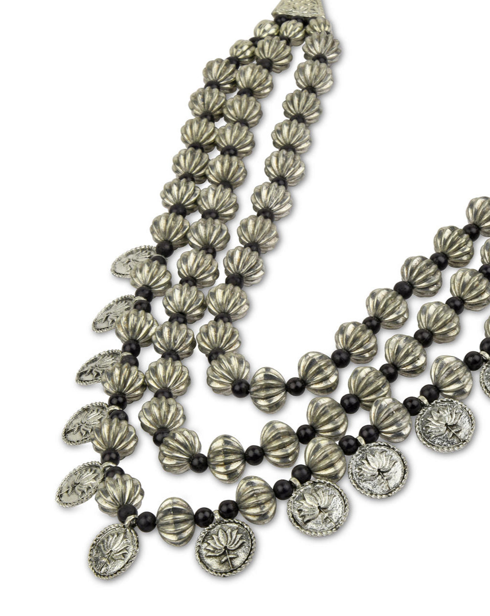 multilayered silver coin necklace close-up view on white background