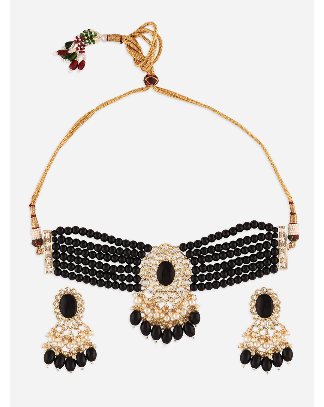black and gold colored kundan pearl choker necklace and matching earrings.