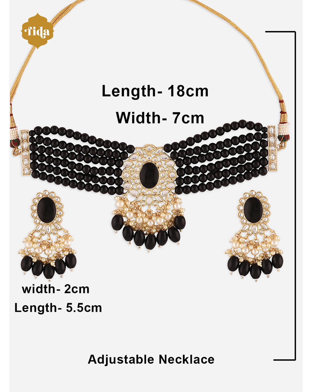 black and gold colored kundan pearl choker necklace and matching earrings.