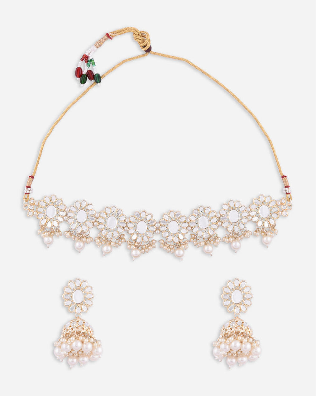 a traditional pearl and mirror kundan jewellery set which includes a choker necklace, earrings, and a maang tikka. The set is gold-plated with white artificial stones.