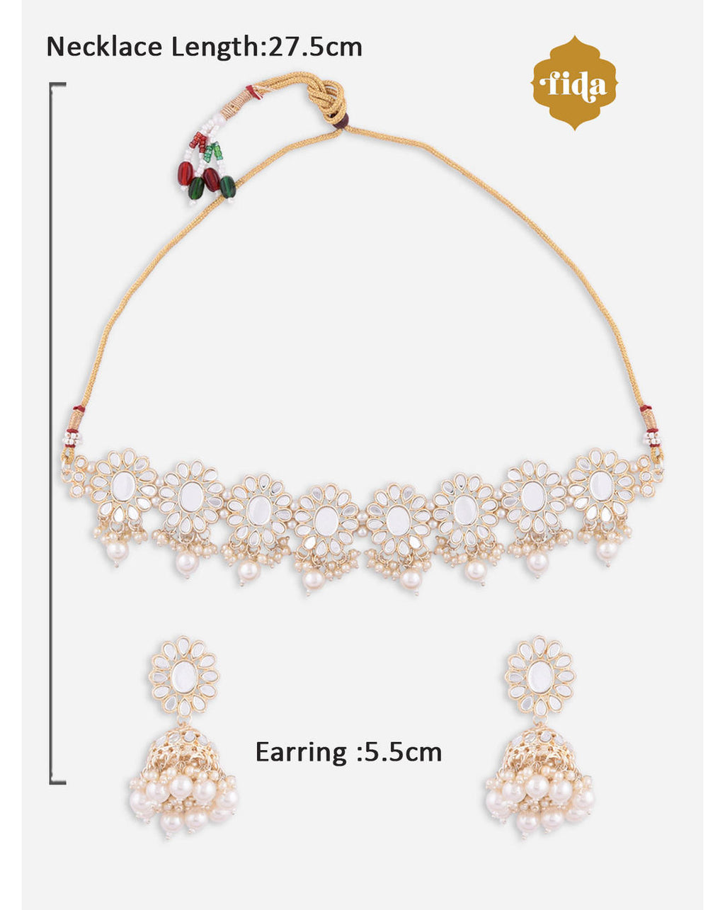 a traditional pearl and mirror kundan jewellery set which includes a choker necklace, earrings, and a maang tikka. The set is gold-plated with white artificial stones dimension