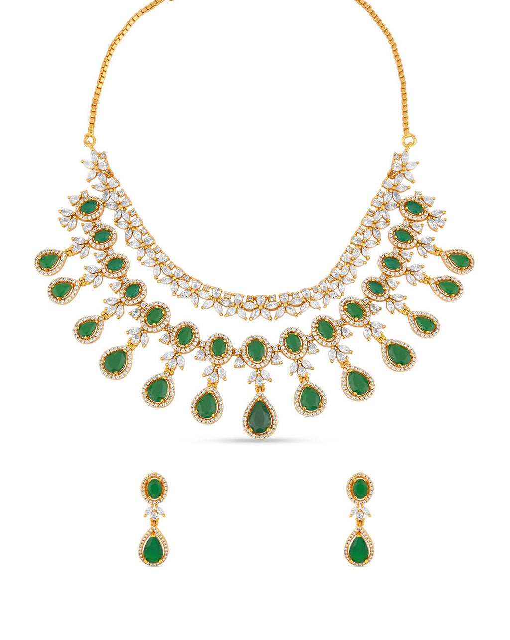 Fida Luxurious American Diamond and Green Stone Layered Jewellery Set with necklace and earrings, handcrafted bridal wedding jewellery