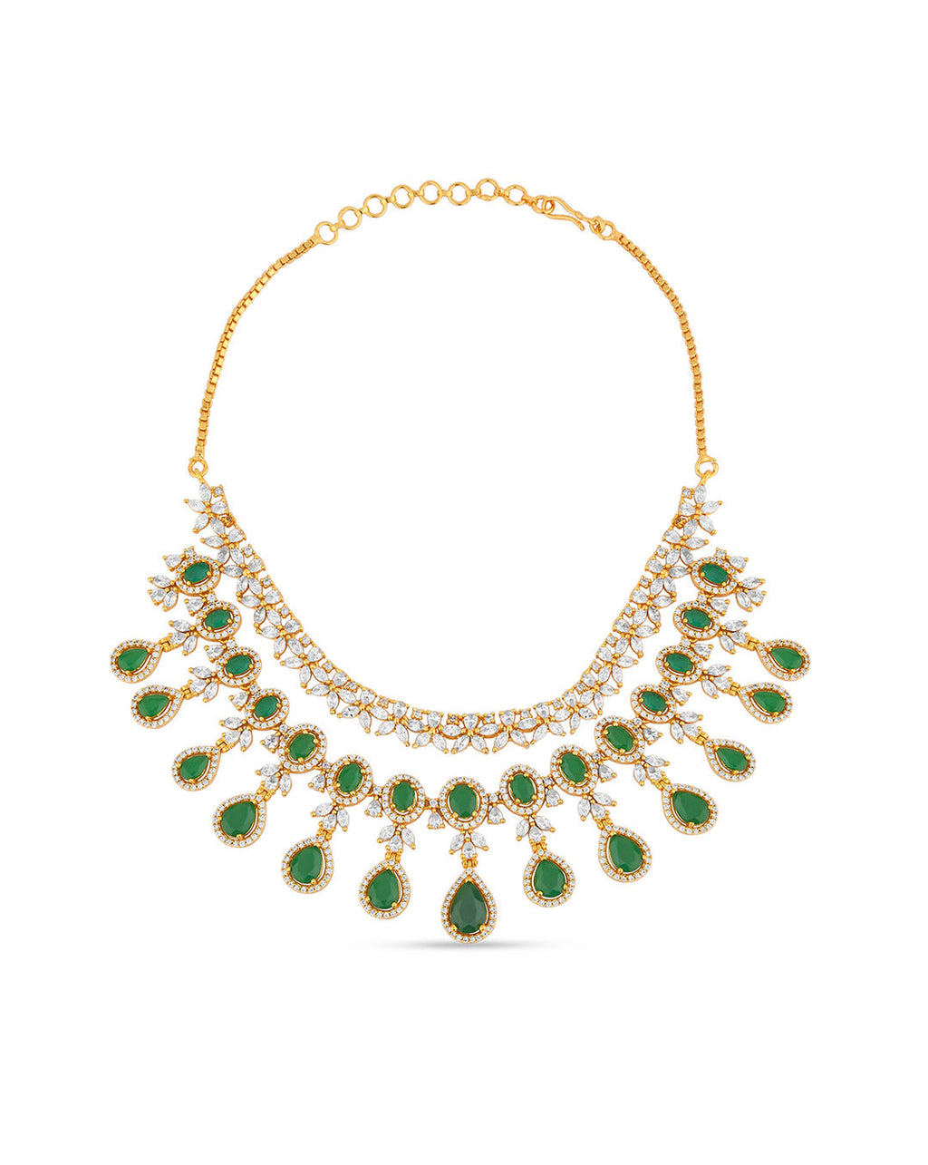 Fida Luxurious American Diamond and Green Stone Layered Necklace, handcrafted bridal wedding jewellery