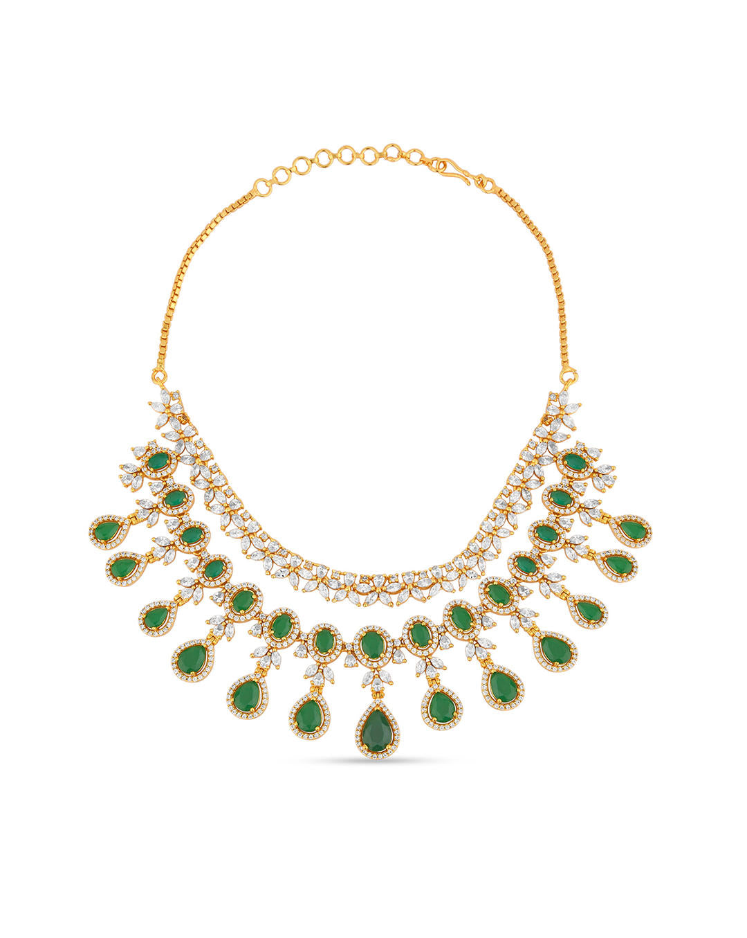 Fida Luxurious American Diamond and Green Stone Layered Necklace, handcrafted bridal wedding jewellery