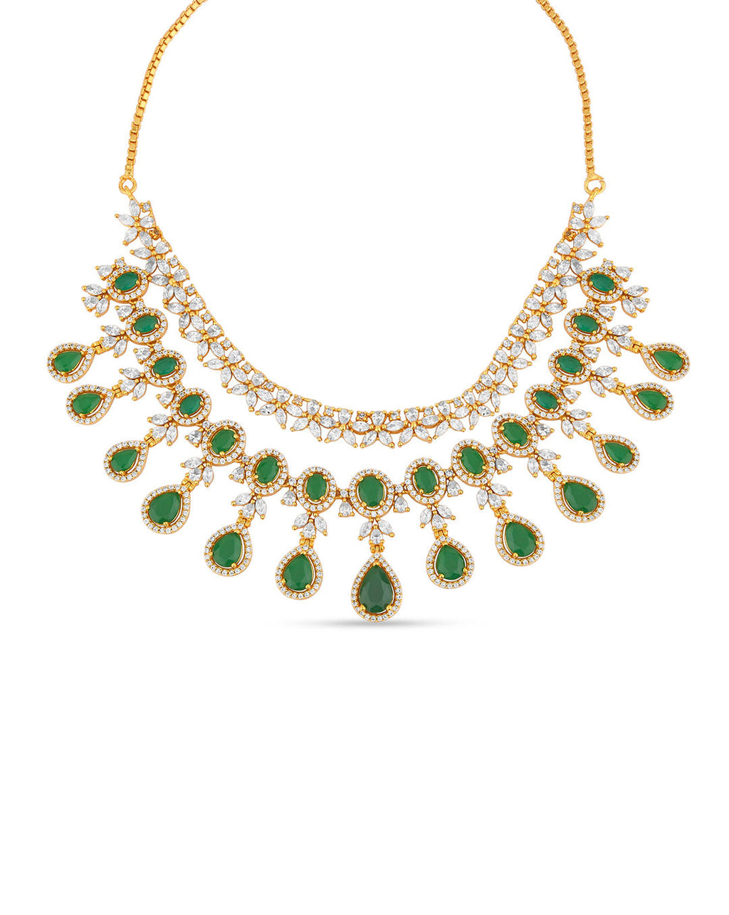 Fida Luxurious American Diamond and Green Stone Layered necklace closeup, handcrafted bridal wedding jewellery