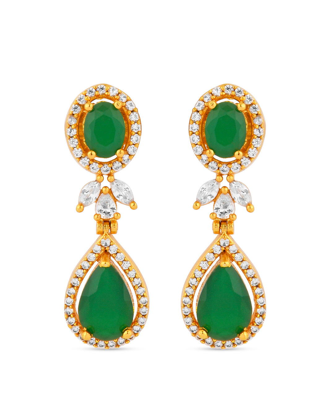 Fida Luxurious American Diamond and Green Stone earrings Closeup, handcrafted bridal wedding jewellery
