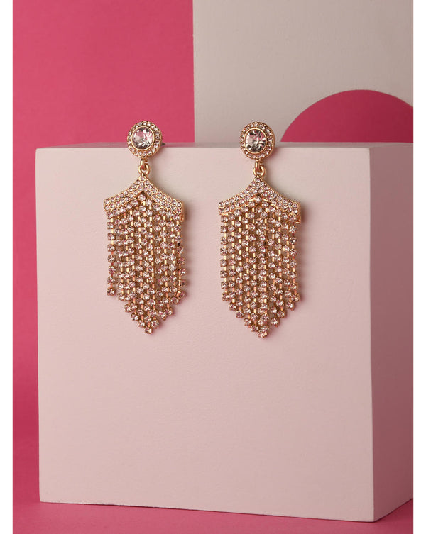 gold-plated geometric drop earring featuring white artificial stones