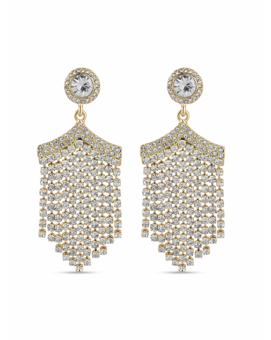 gold-plated geometric drop earring featuring white artificial stones