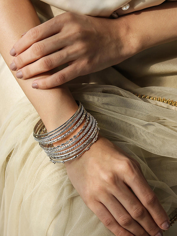 Fida Ethnic Traditional Set Of 10 Classic Silver Bangle Set For Women(2.6)