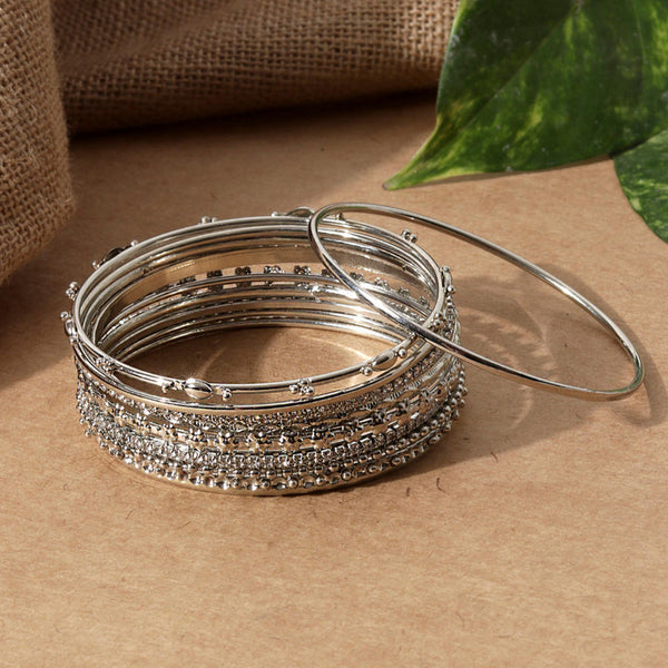Set of 10 silver-plated bangles with stone and beaded detailing, traditional Indian jewellery for women, perfect for weddings and ethnic outfits