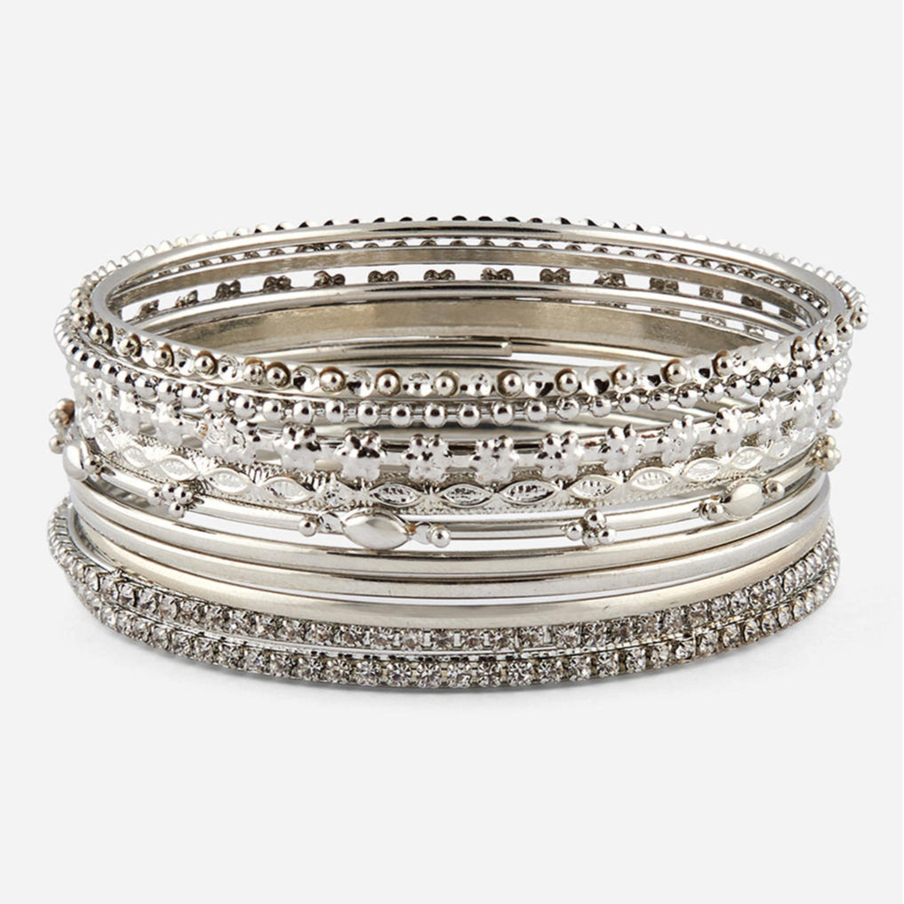 Set of 10 silver-plated bangles with stone and beaded detailing, traditional Indian jewellery for women, perfect for weddings and ethnic outfits