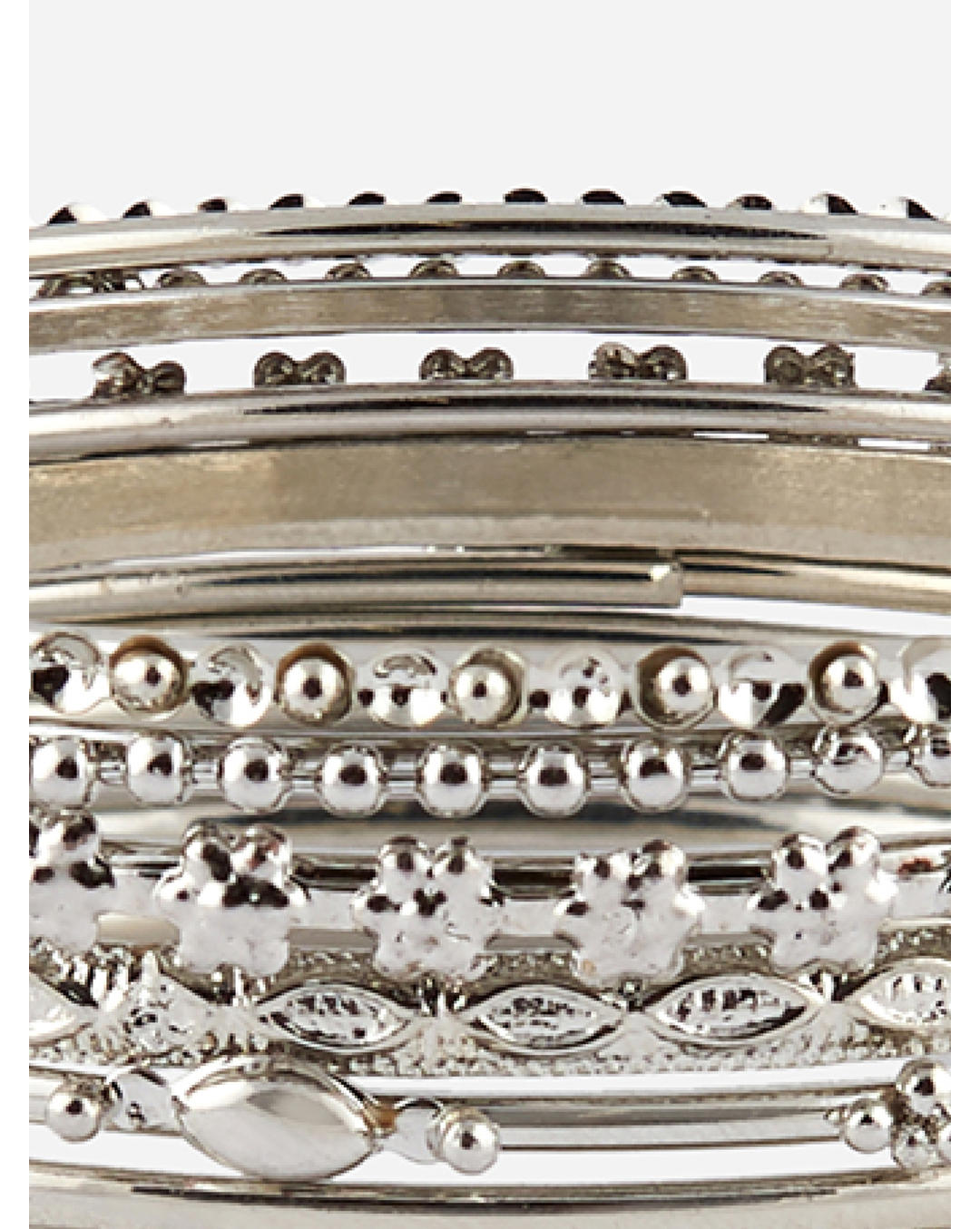 Set of 10 silver-plated bangles with stone and beaded detailing, traditional Indian jewellery for women, perfect for weddings and ethnic outfits closeup image