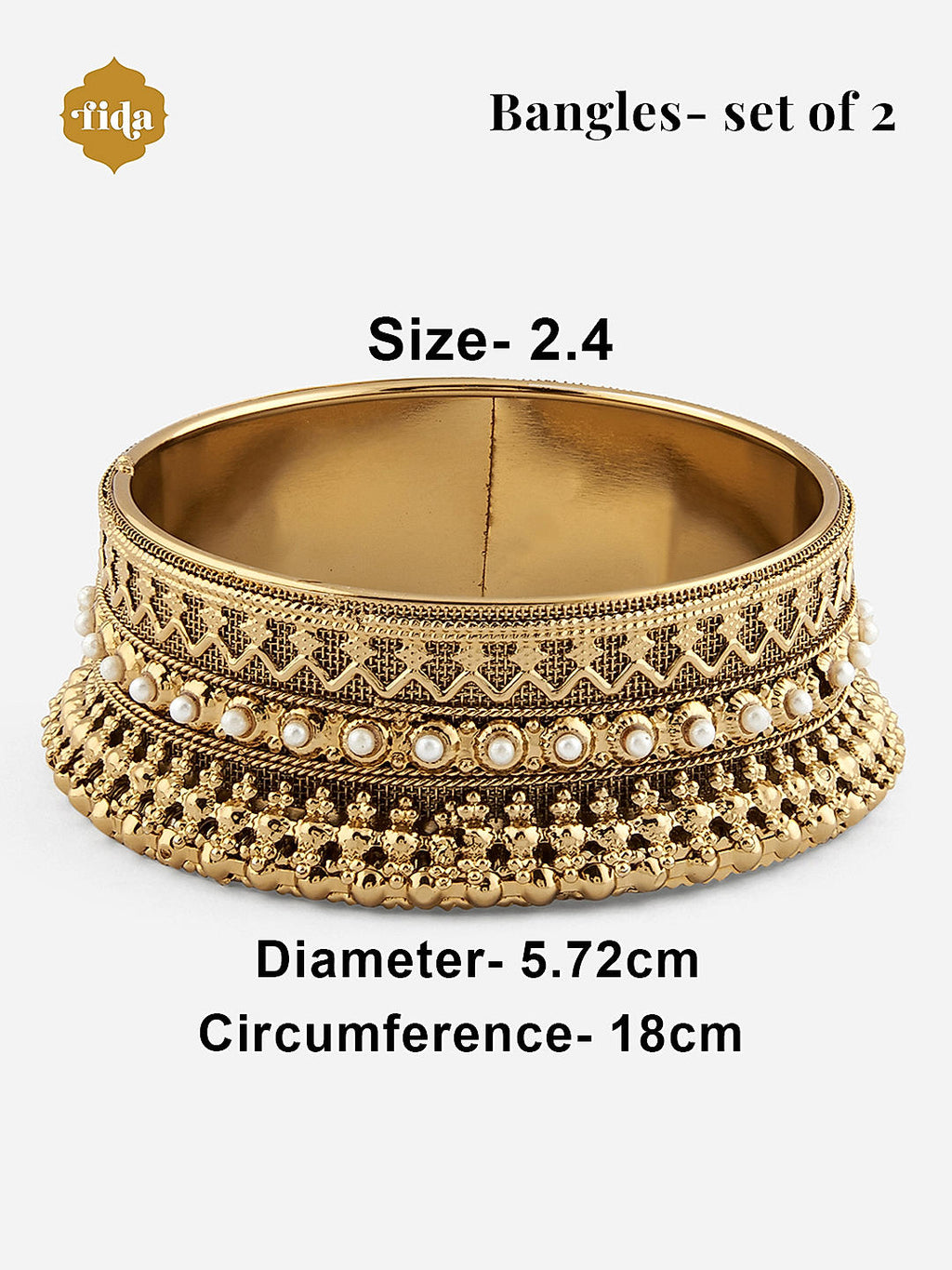 Fida ethnic gold-plated bangles with bold design and pearl accents – classic traditional jewellery set of 2 for women dimension