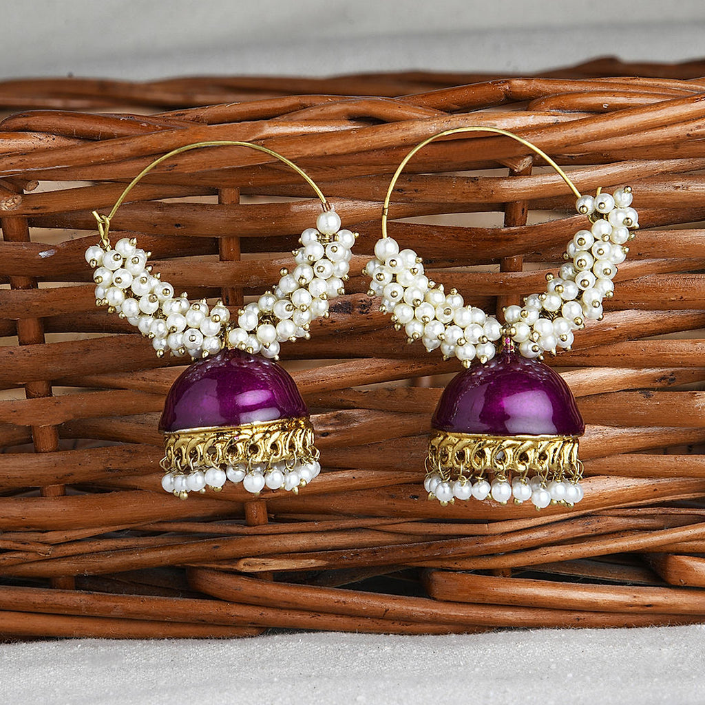 Meenakari Hoop Jhumki Earring with a pink enamelled drop and pearl bead detailing.