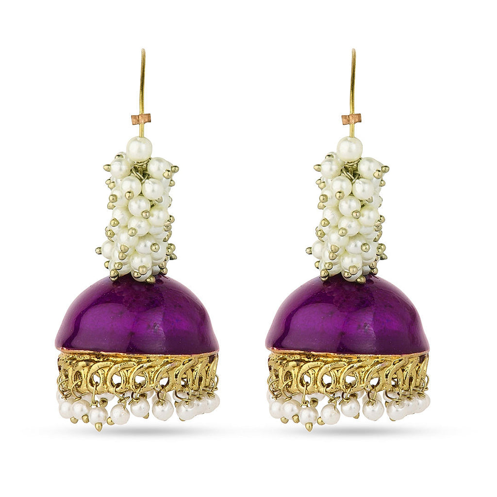 Meenakari Hoop Jhumki Earring with a pink enamelled drop and pearl bead detailing.