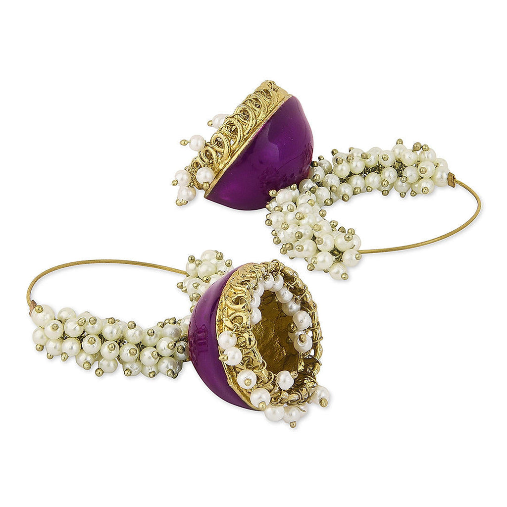 Meenakari Hoop Jhumki Earring with a pink enameled drop and pearl bead detailing.