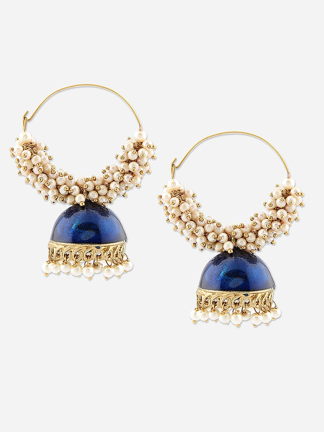 A pair of navy blue and gold sculpted hoop earrings with pearl accents, displayed against a red fabric background. #1 Best Seller