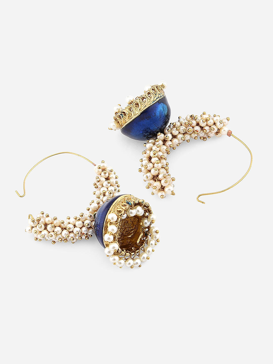 A pair of navy blue and gold sculpted hoop earrings with pearl accents, displayed against a red fabric background. #1 Best Seller
