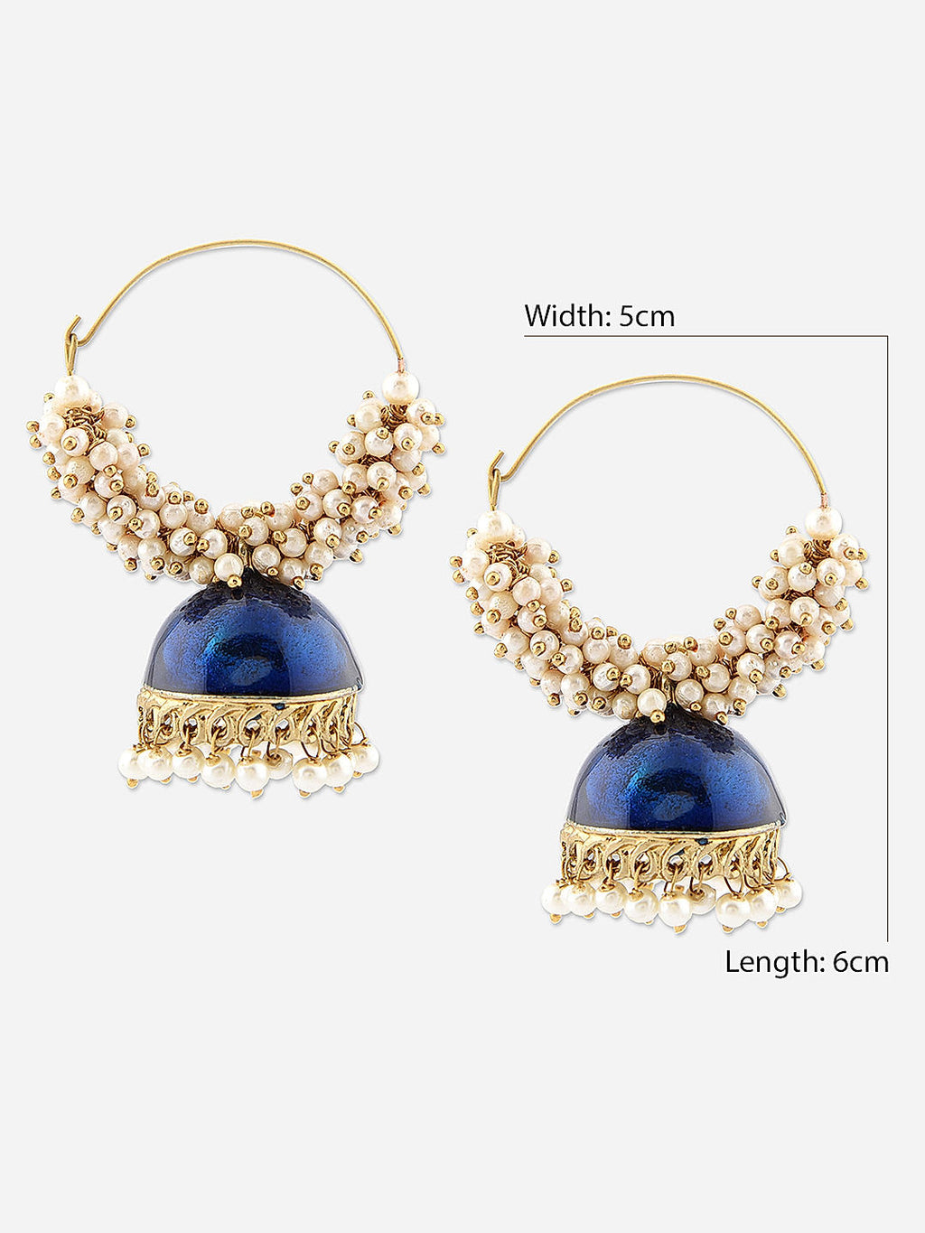 A pair of navy blue and gold sculpted hoop earrings with pearl accents, displayed against a red fabric background. #1 Best Seller