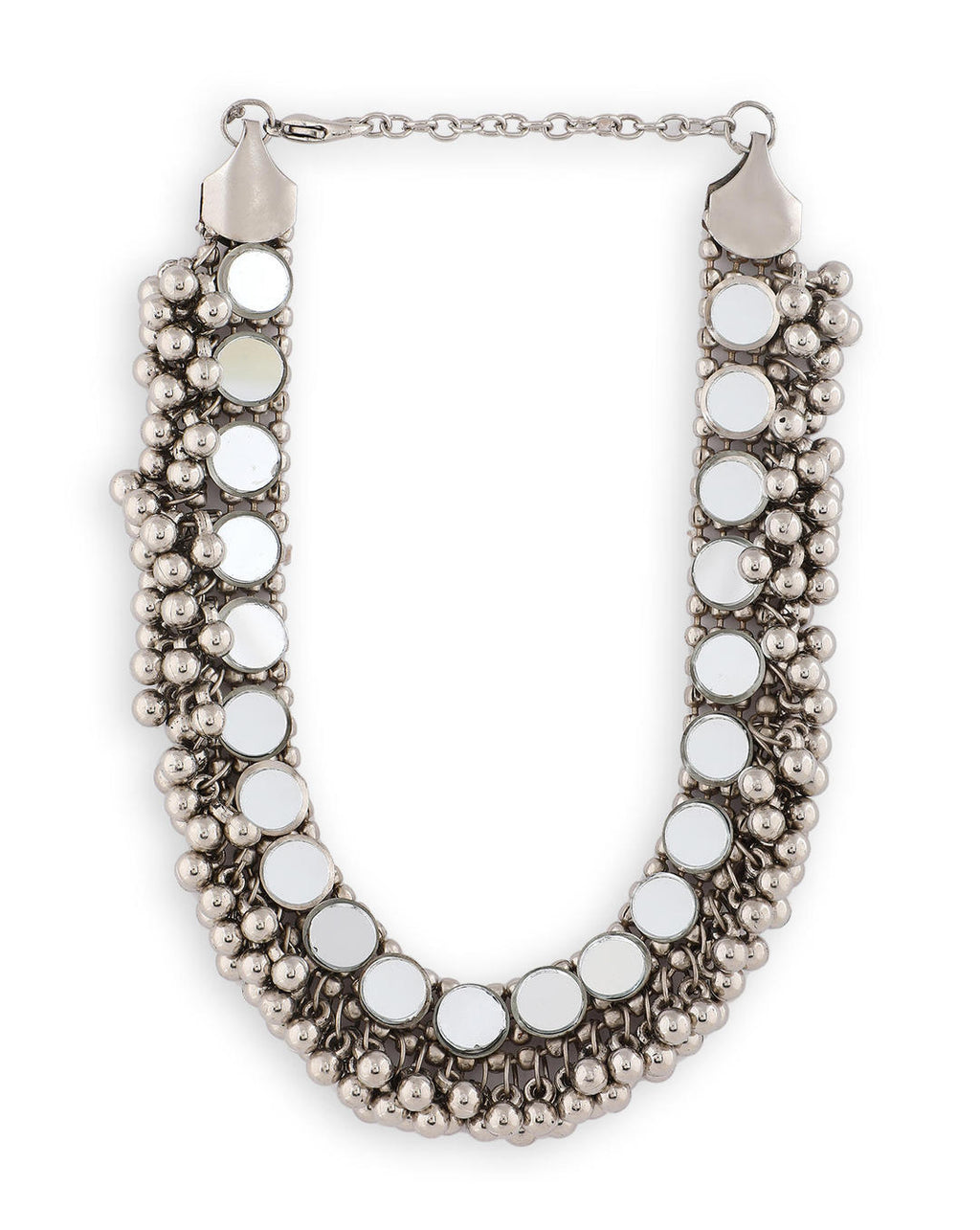 a silver oxidized choker necklace with mirrored ghungroo details with white background 
