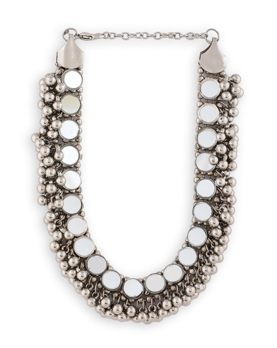 a silver oxidized choker necklace with mirrored ghungroo details with white background 