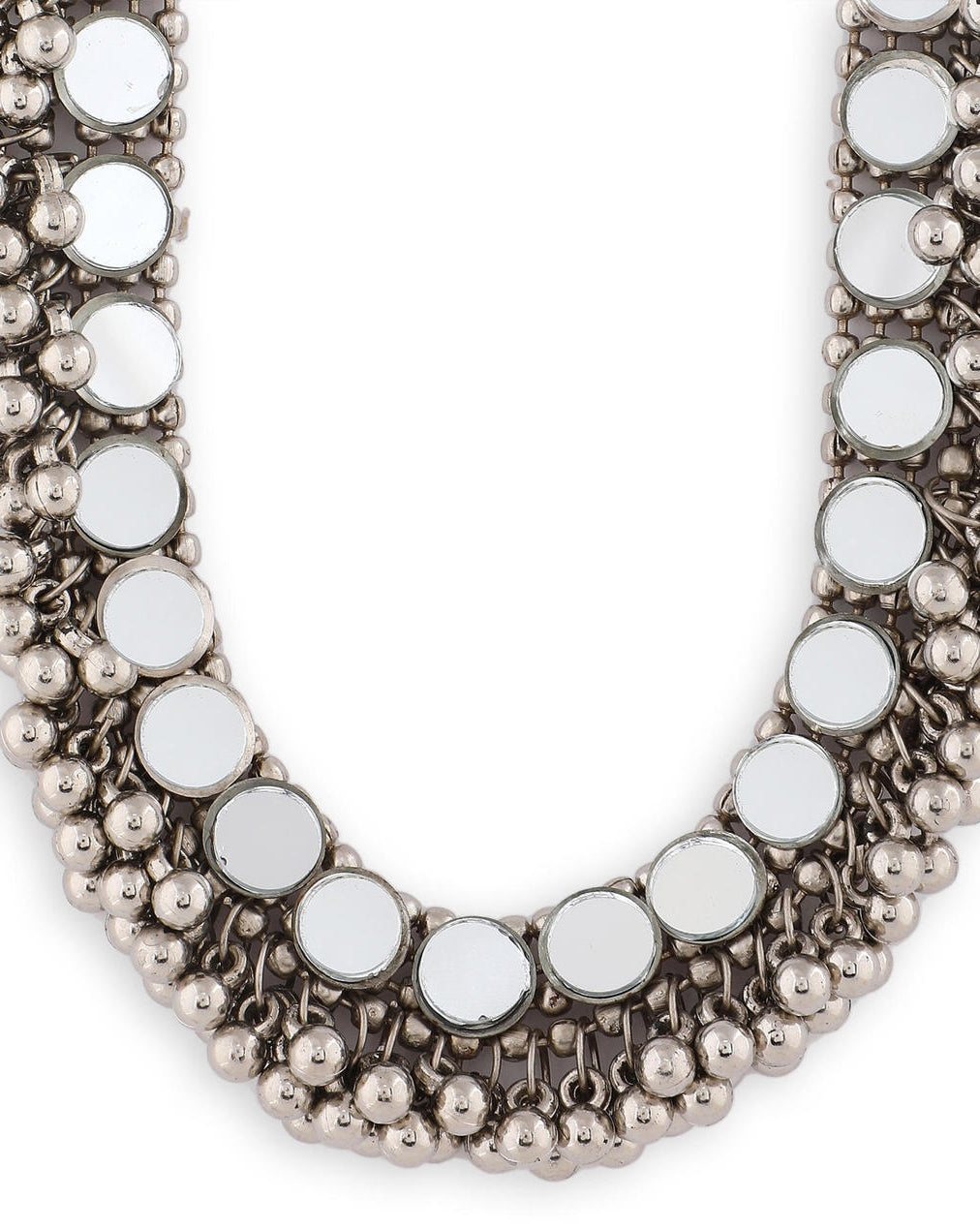 a silver oxidized choker necklace with mirrored ghungroo details closeup
