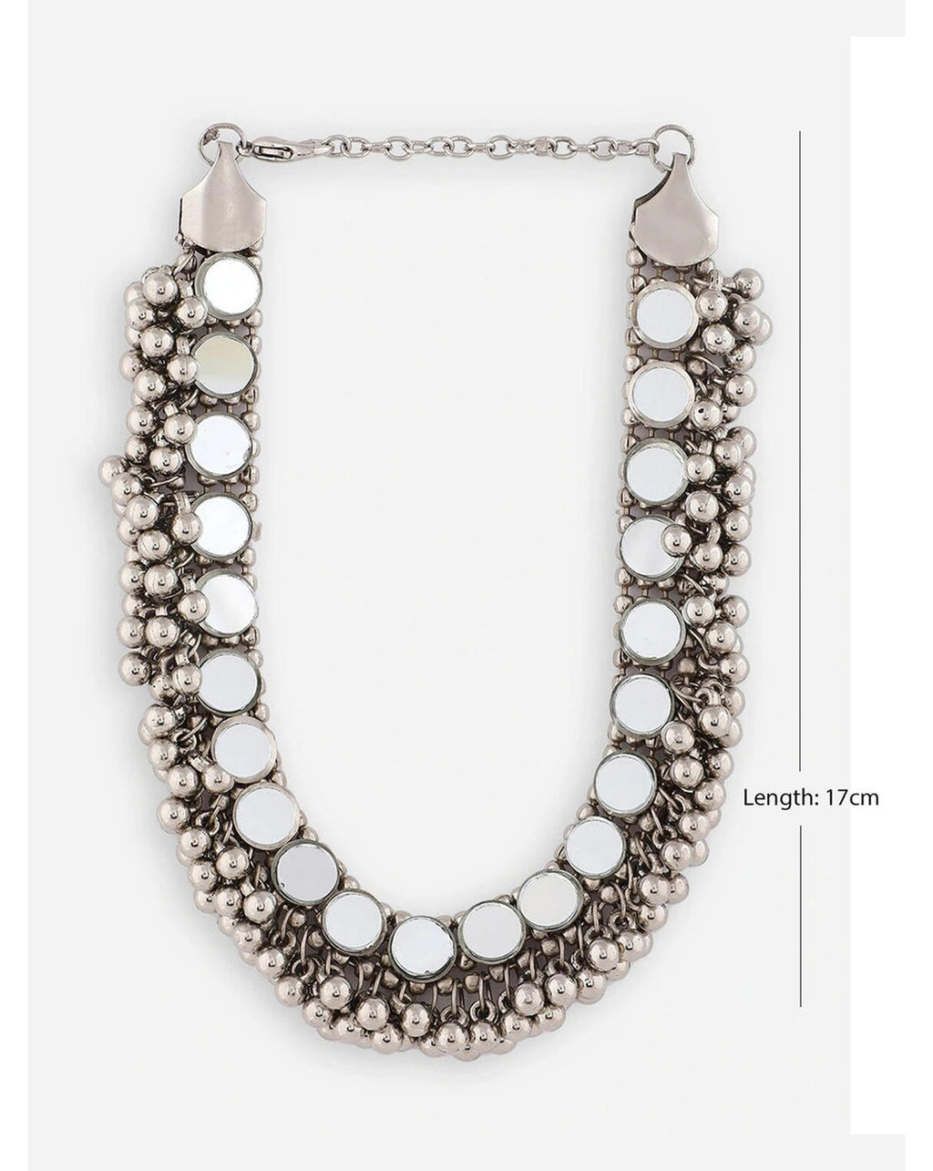 a silver oxidized choker necklace with mirrored ghungroo details dimensions