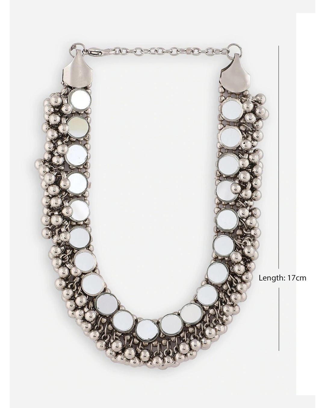 a silver oxidized choker necklace with mirrored ghungroo details dimensions