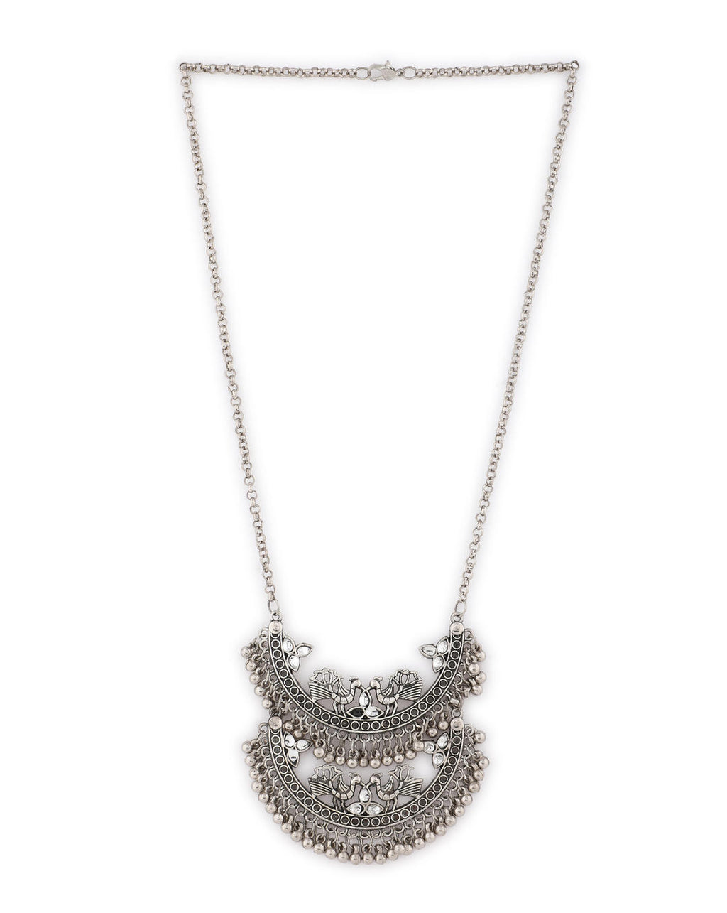 silver oxidized long necklace with a crescent-shaped pendant on white background