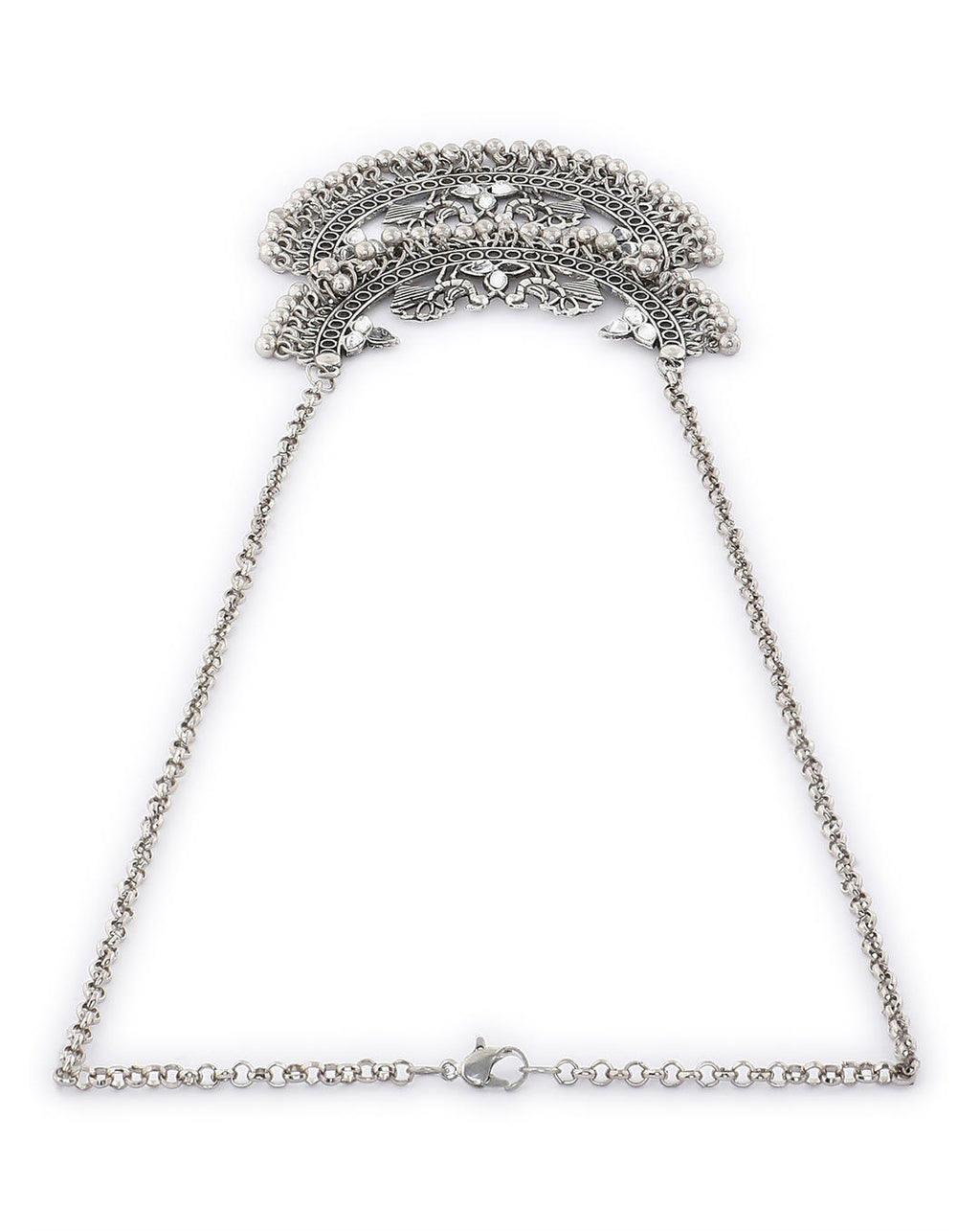 silver oxidized long necklace with a crescent-shaped pendant.