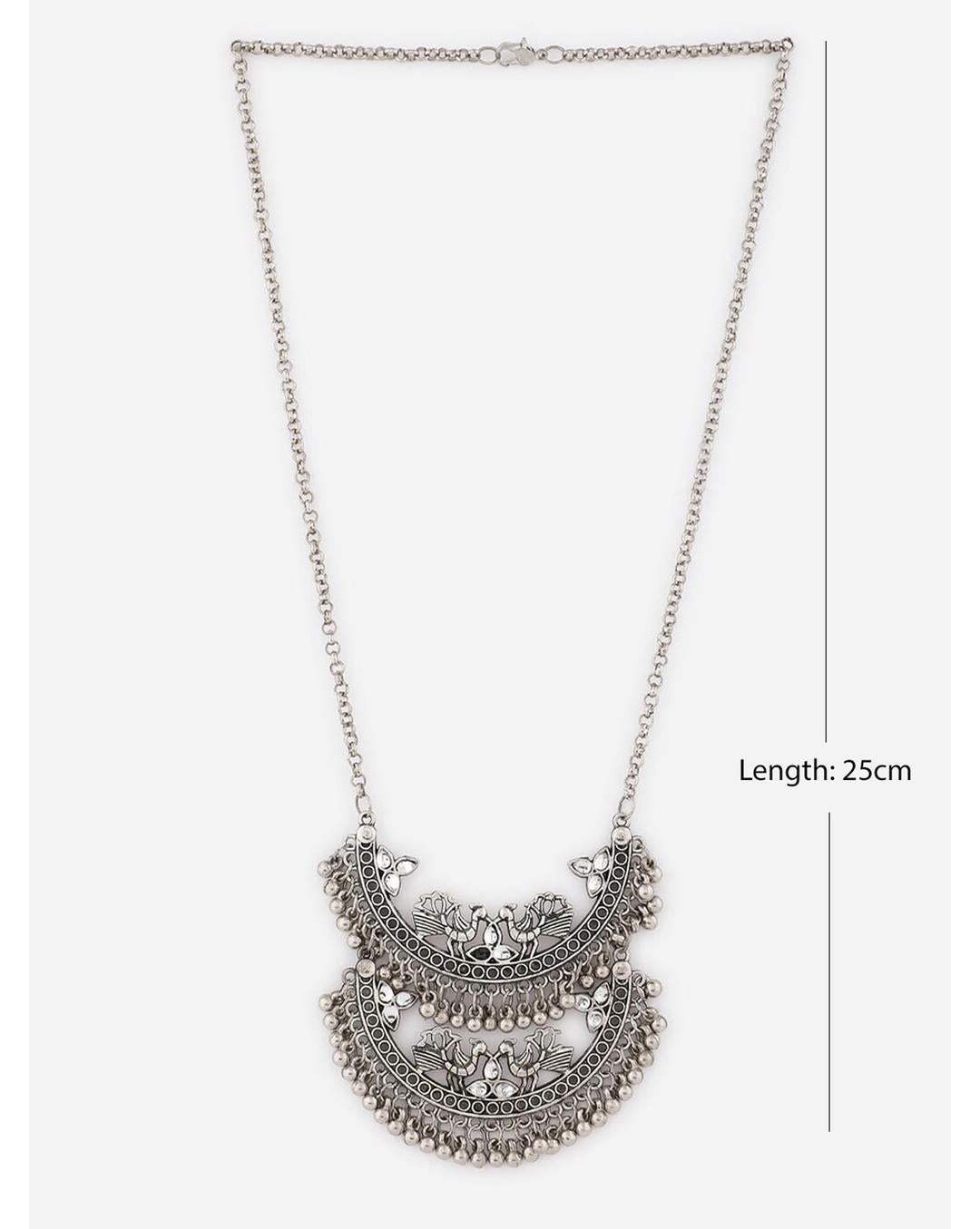 silver oxidized long necklace with a crescent-shaped pendant dimensions
