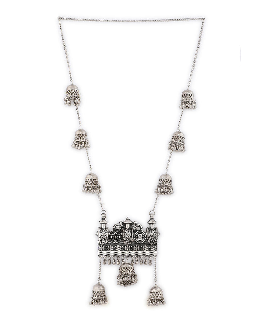 An oxidised silver long necklace with intricate chariot-inspired patterns and delicate jingles on white background