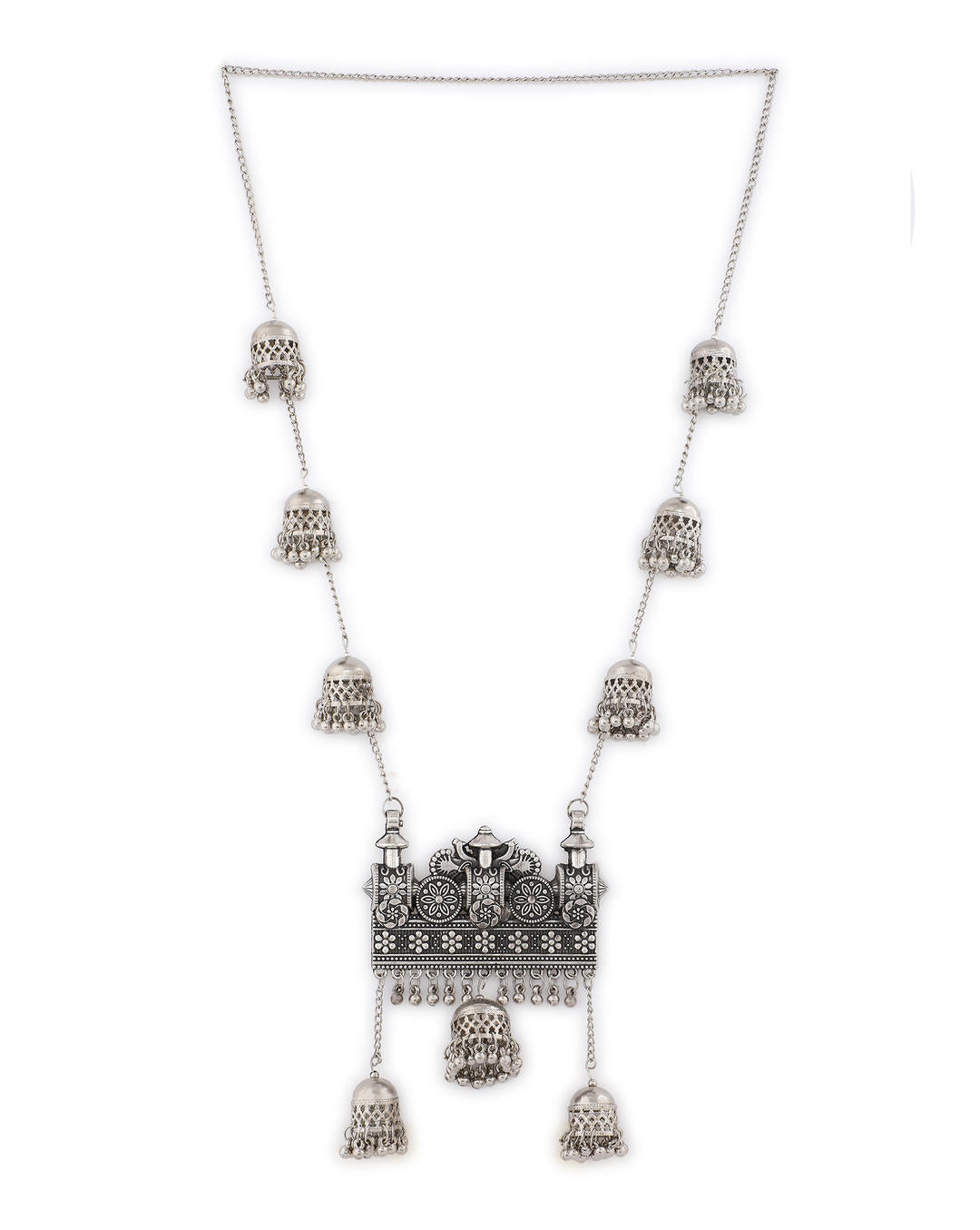 An oxidised silver long necklace with intricate chariot-inspired patterns and delicate jingles on white background