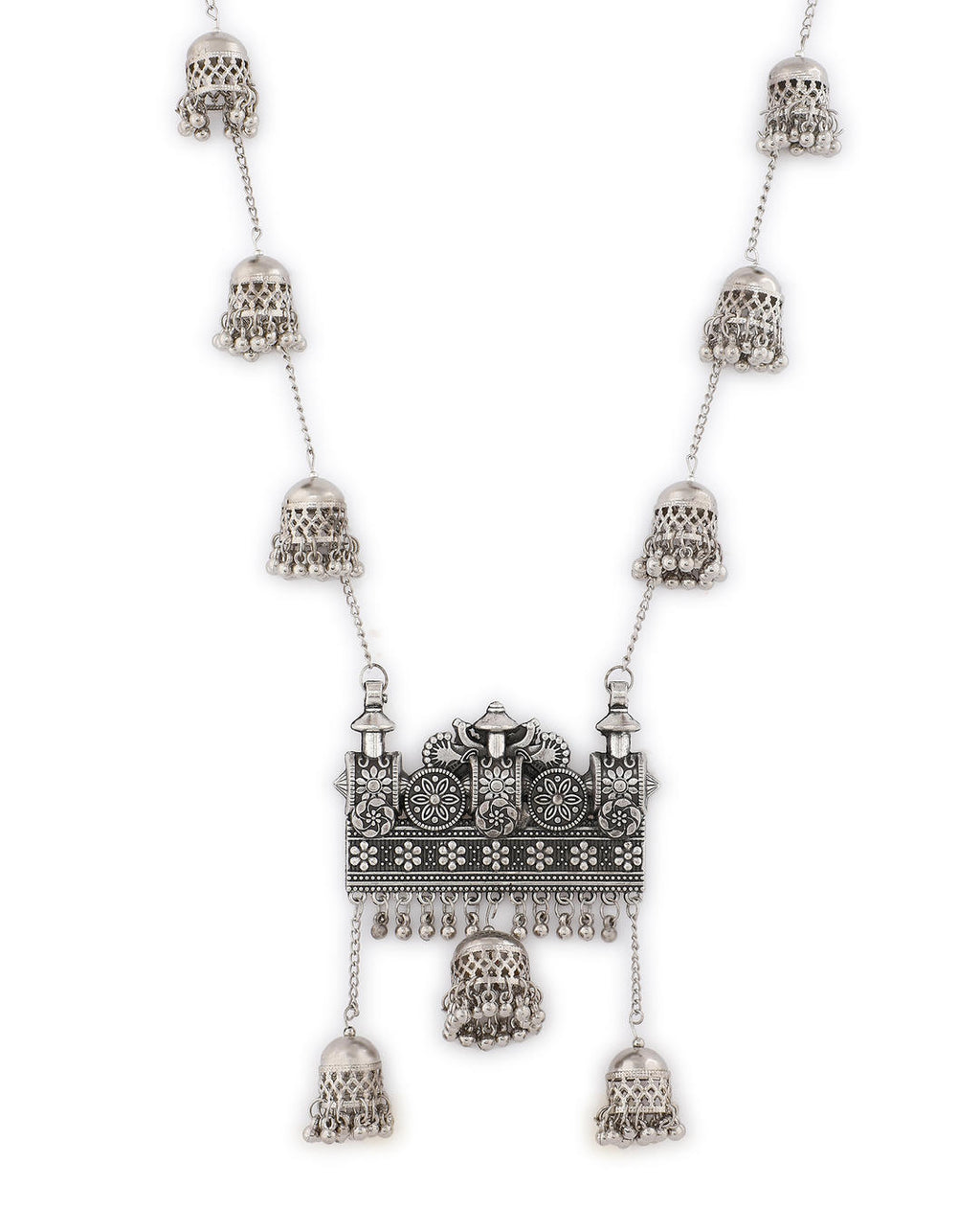 An oxidised silver long necklace with intricate chariot-inspired patterns and delicate jingles close-up