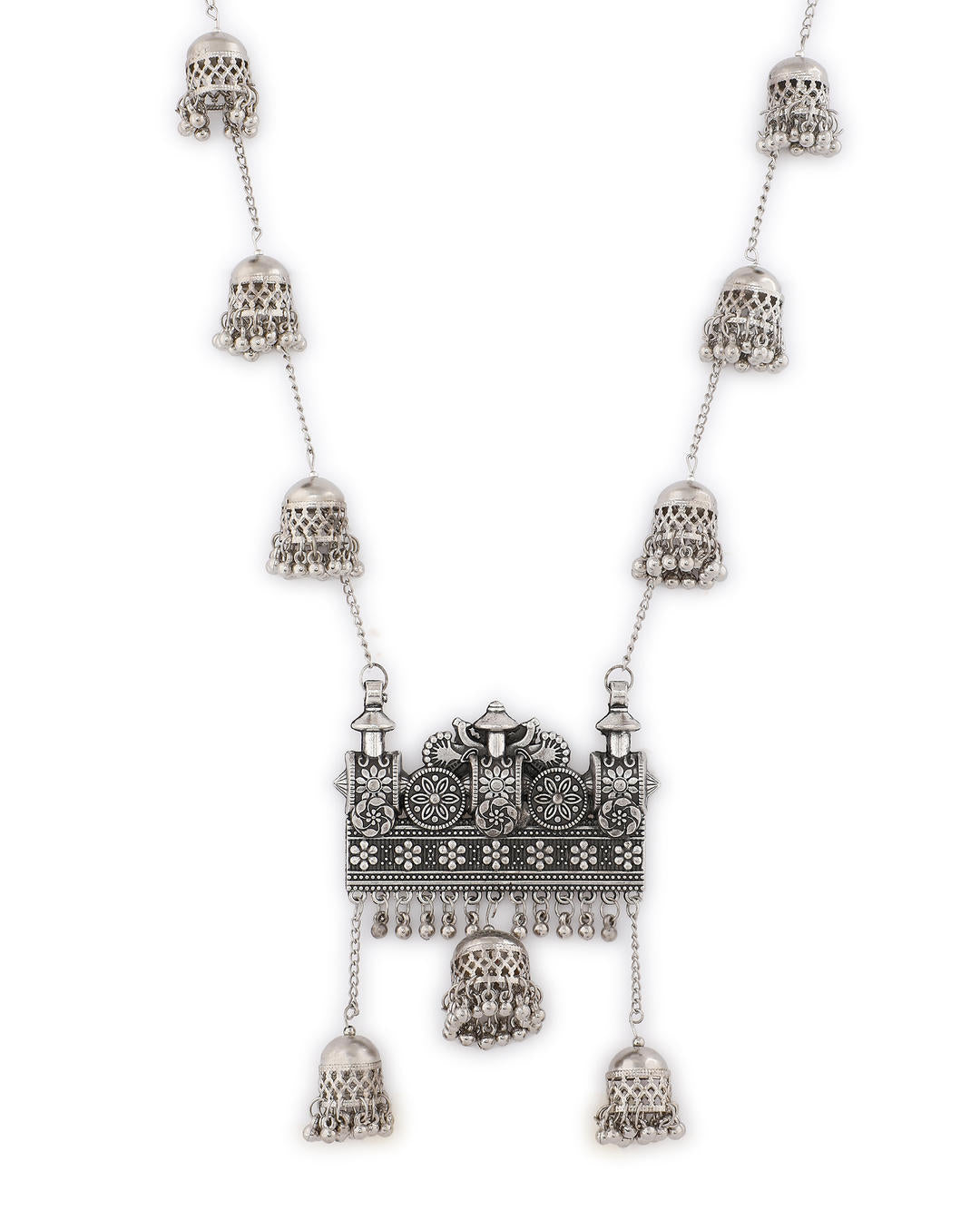 An oxidised silver long necklace with intricate chariot-inspired patterns and delicate jingles close-up