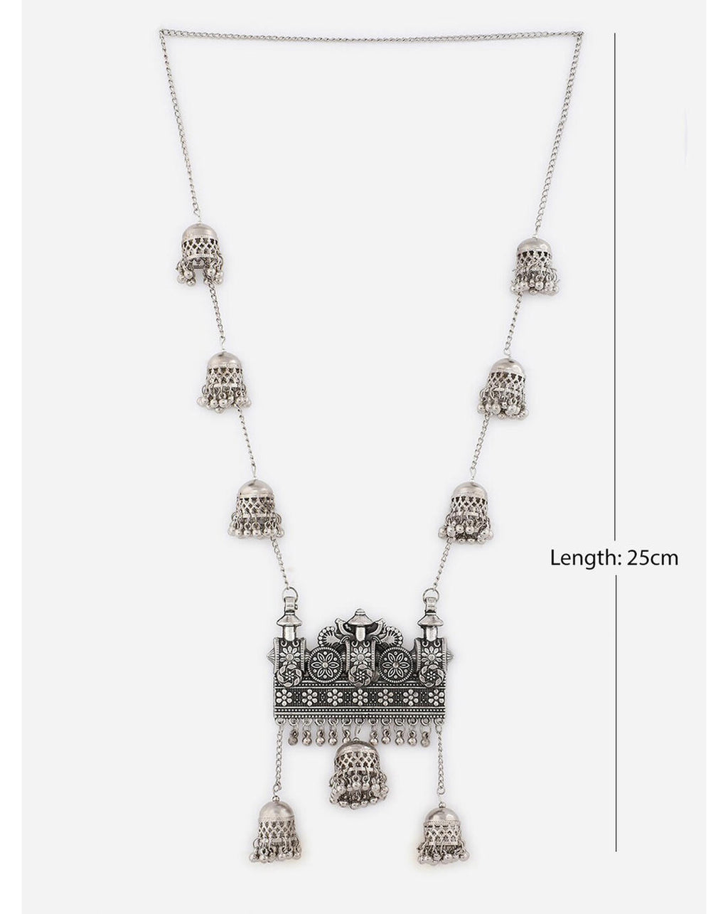 An oxidised silver long necklace with intricate chariot-inspired patterns and delicate jingles dimension