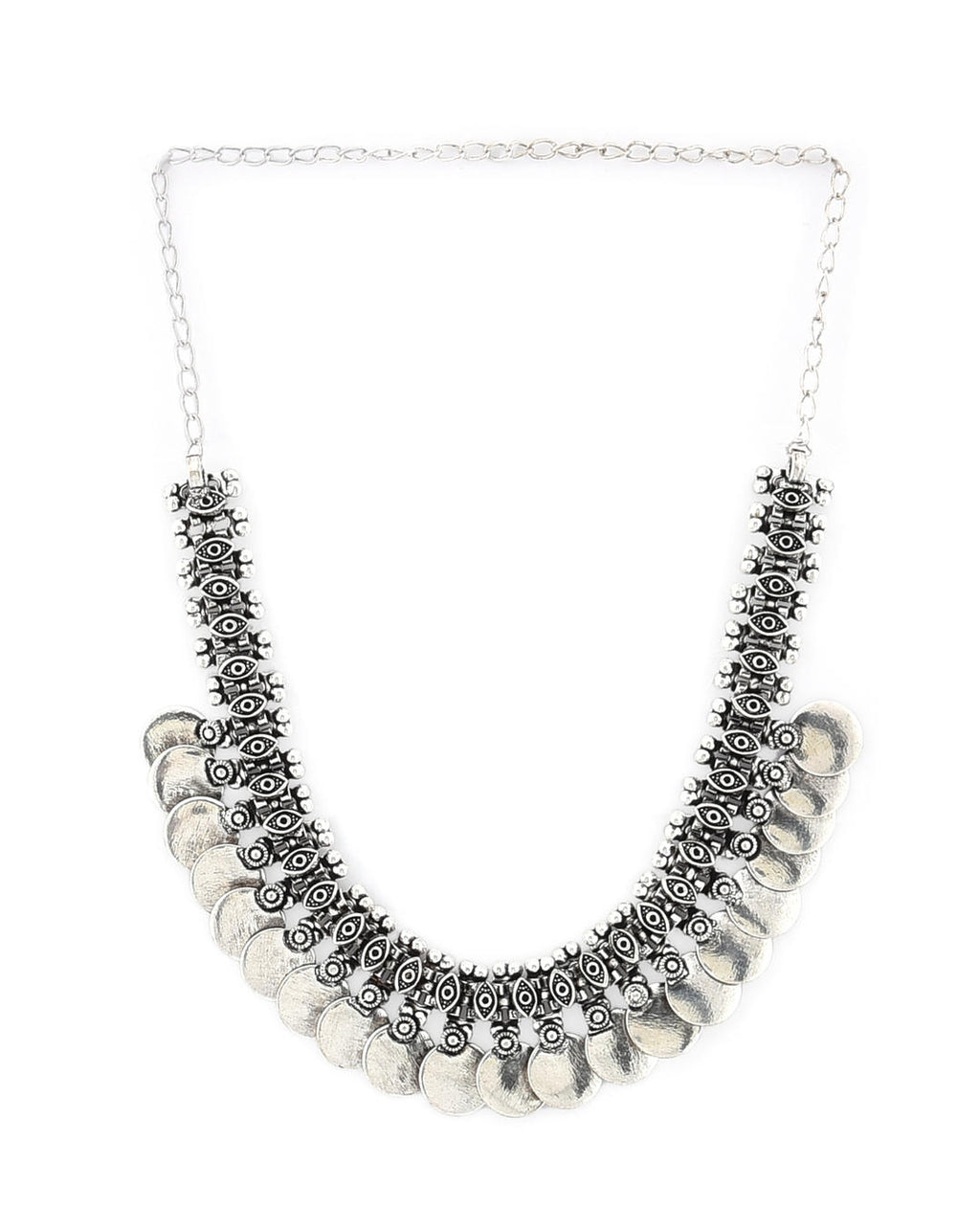 A silver-colored vintage coins choker necklace displayed on a white background