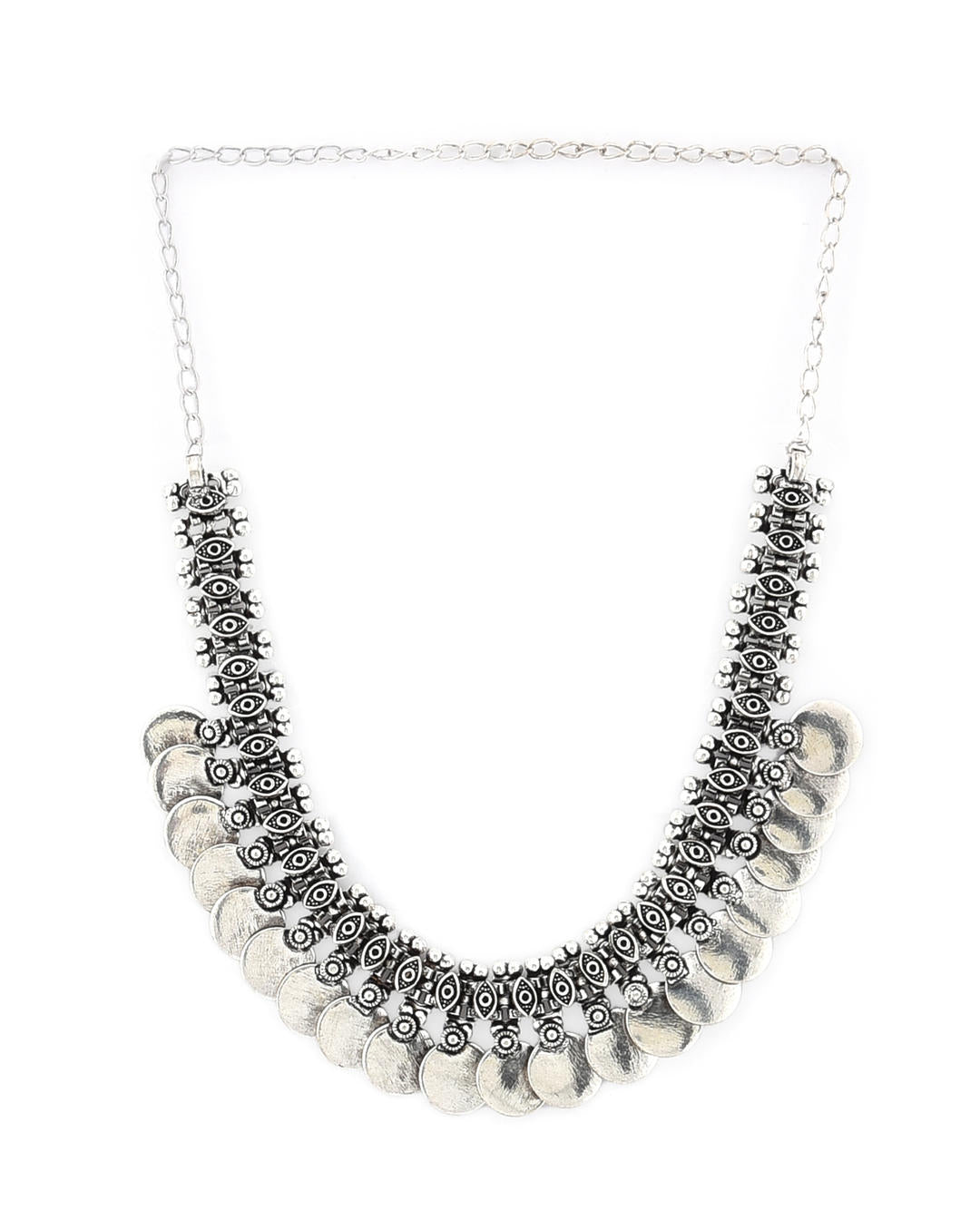 A silver-colored vintage coins choker necklace displayed on a white background