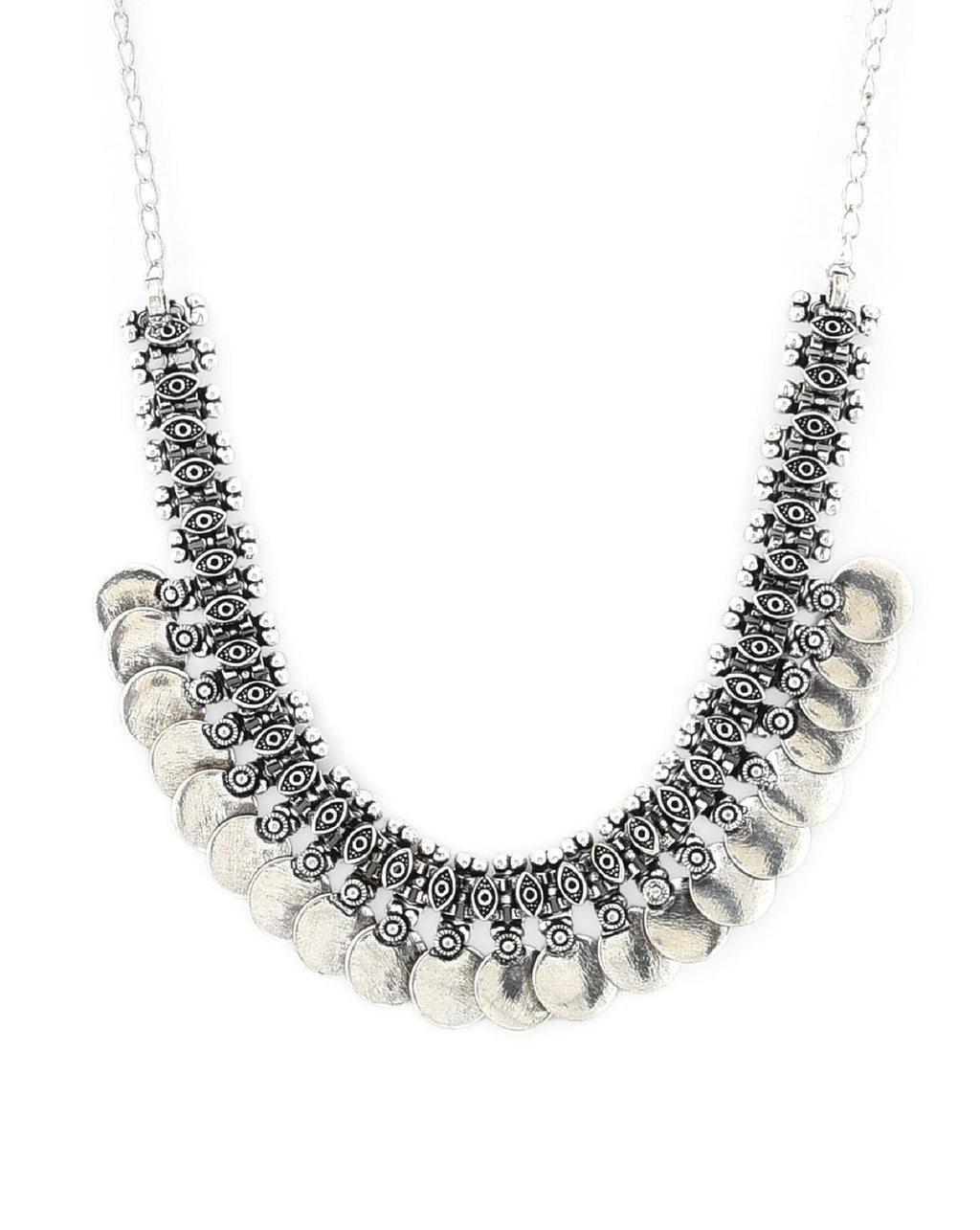 A silver-colored vintage coins choker necklace displayed with white background – close-up shot