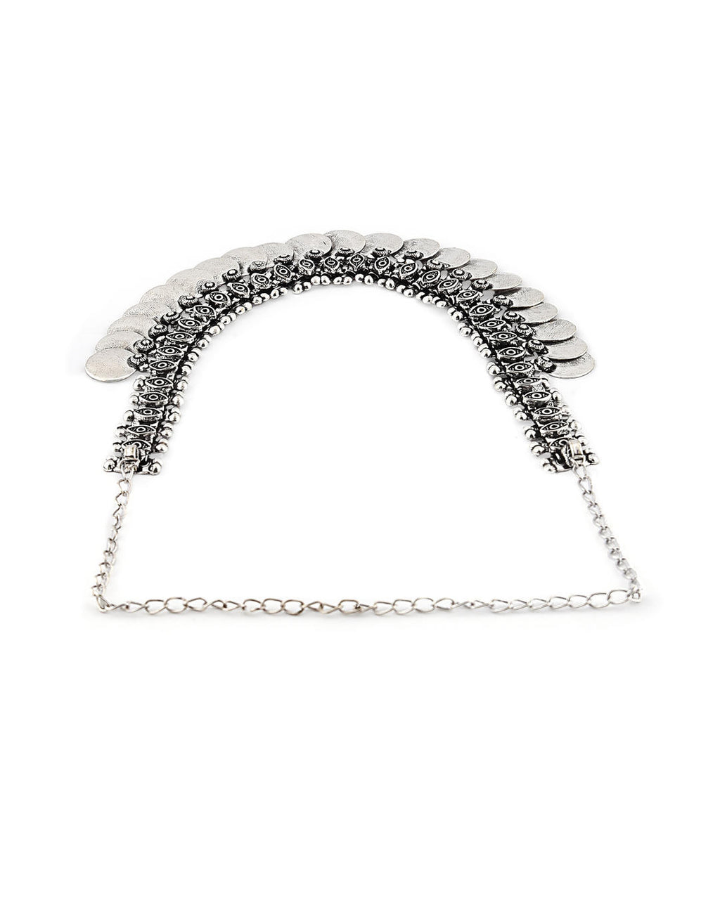 A silver-colored vintage coins choker necklace displayed side view