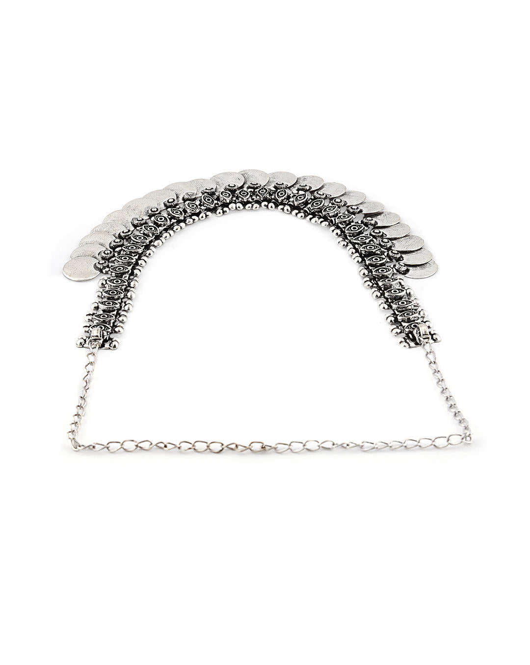 A silver-colored vintage coins choker necklace displayed side view